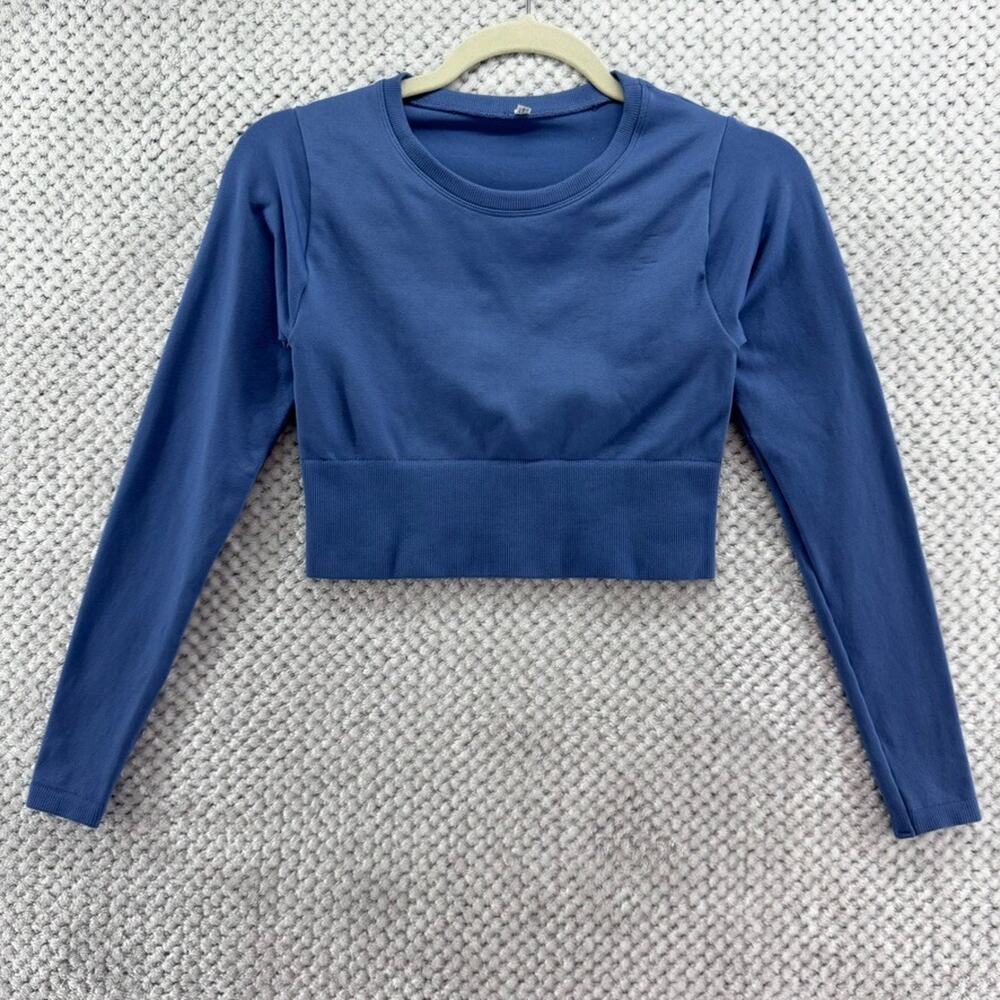 aerie Top Women XS Blue Rib Hem Crop Seamless Crew Neck Long Sleeves Activewear